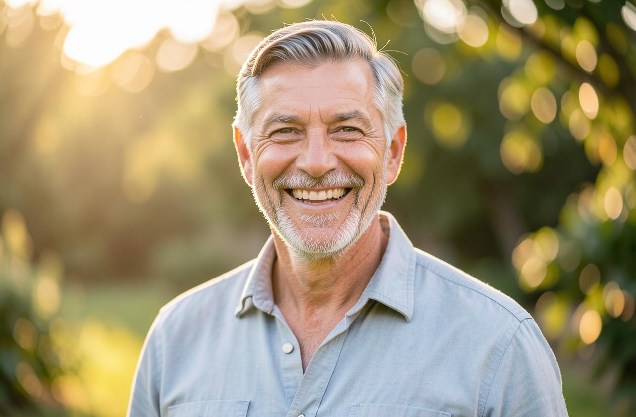 A confident man in his fifties smiling outdoors