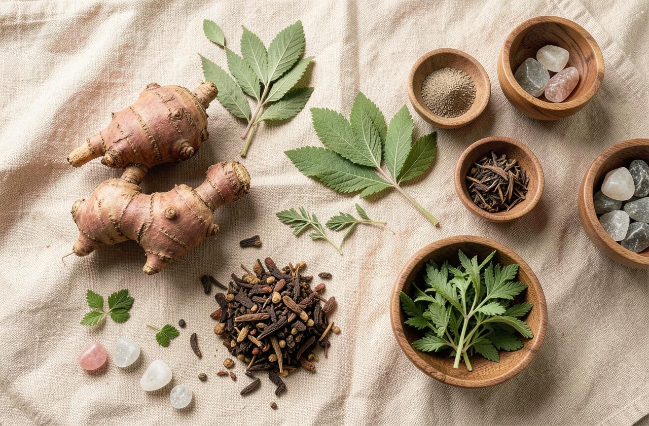 Herbal ingredients used in the Igho Tiny Ubiribo Secret formula laid out on linen
